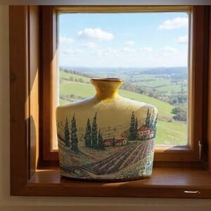 Country Side Farm Scene Vase Oblong Flattened Purple Flowers Lavender